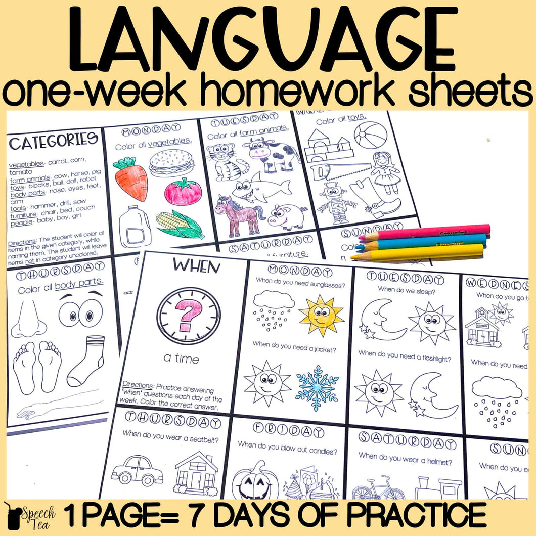 Language Homework Color Sheets