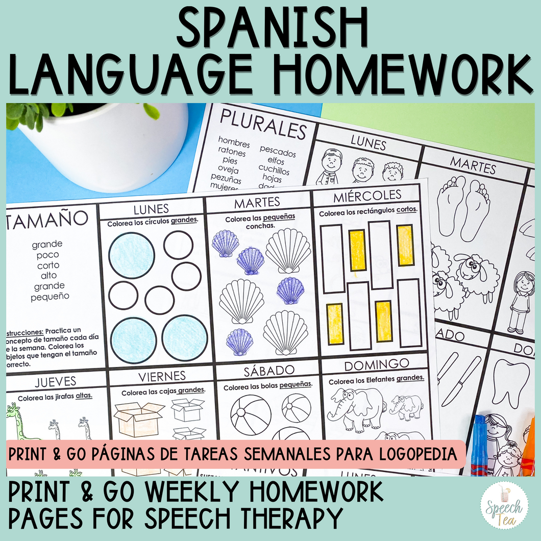 SPANISH Language Homework Color Sheets | Speech Therapy Homework