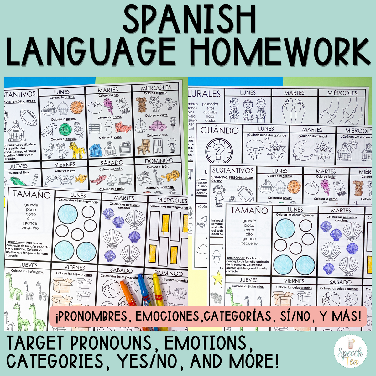 SPANISH Language Homework Color Sheets | Speech Therapy Homework ...