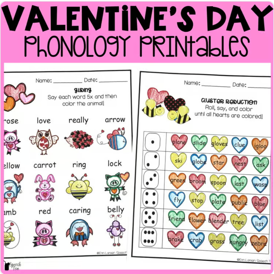 Valentine's Day Phonology Printables for Speech Therapy