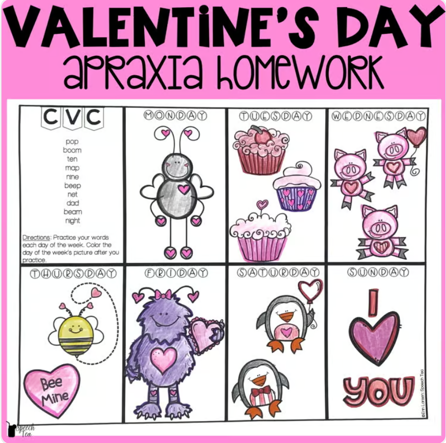 Valentine's Day Apraxia Homework for Speech Therapy