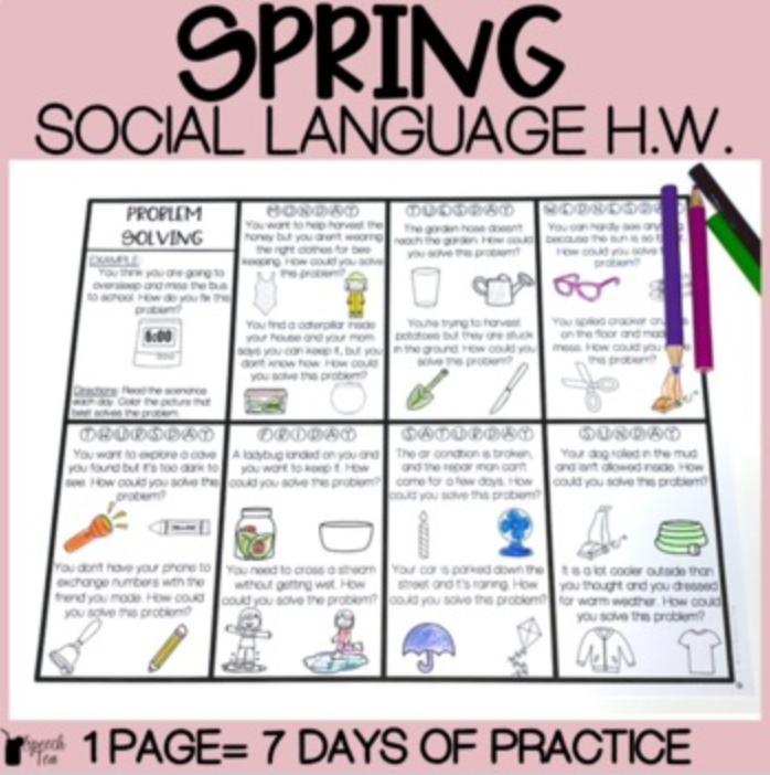 Spring Pragmatic Language Homework for Speech Therapy