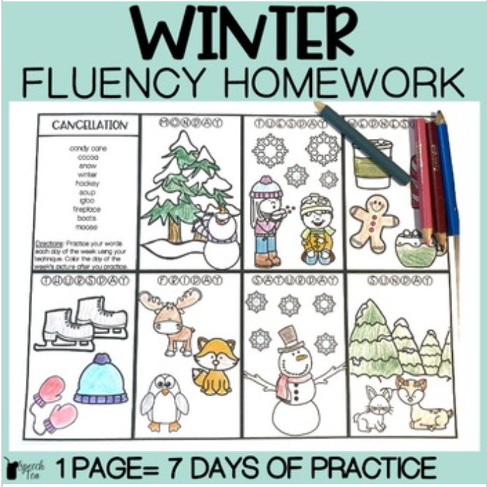 Winter Fluency Homework for Stuttering