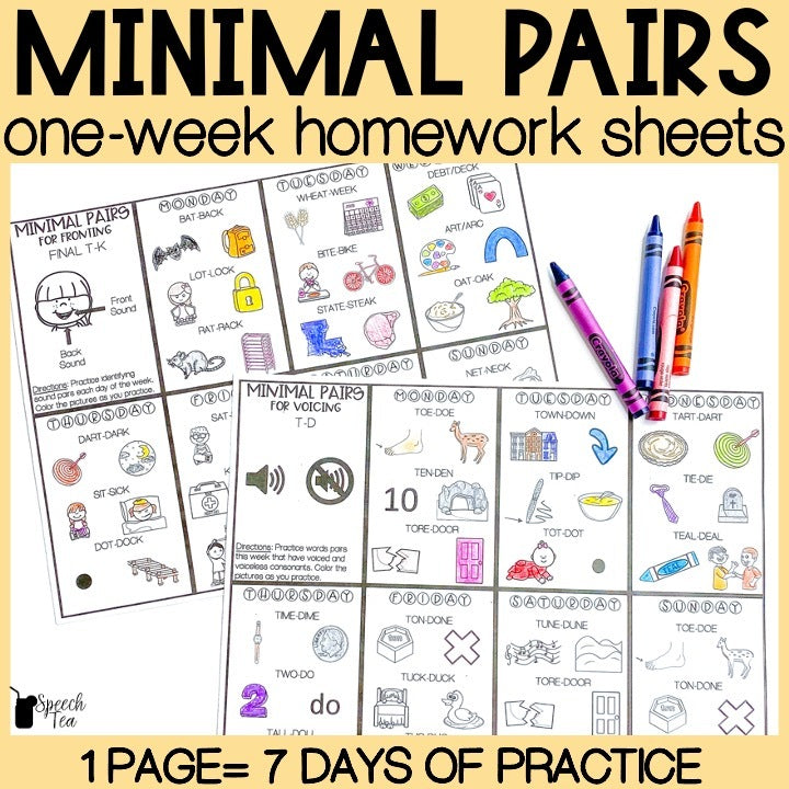 Minimal Pairs Homework Color Sheets for Phonological Processes